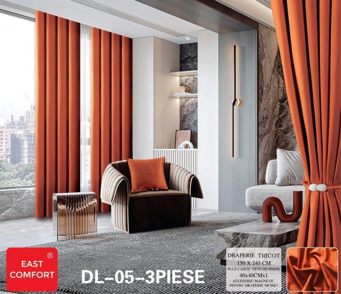 Draperie din Tercot Luxury  cu inele încastrate  East Confort 150x245cm  cu Șnur Magnetic și Față de Pernă Decorativă – Calitate Premium pentru Confortul Tău  Portocaliu