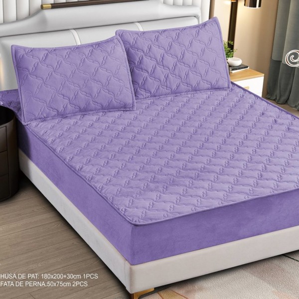 Husă Matlasată Tip Topper din Catifea 180x200cm, cu 2 Fețe de Pernă 50x70cm -  Somn Odihnitor și Susținere pentru Spate, Mov [1]