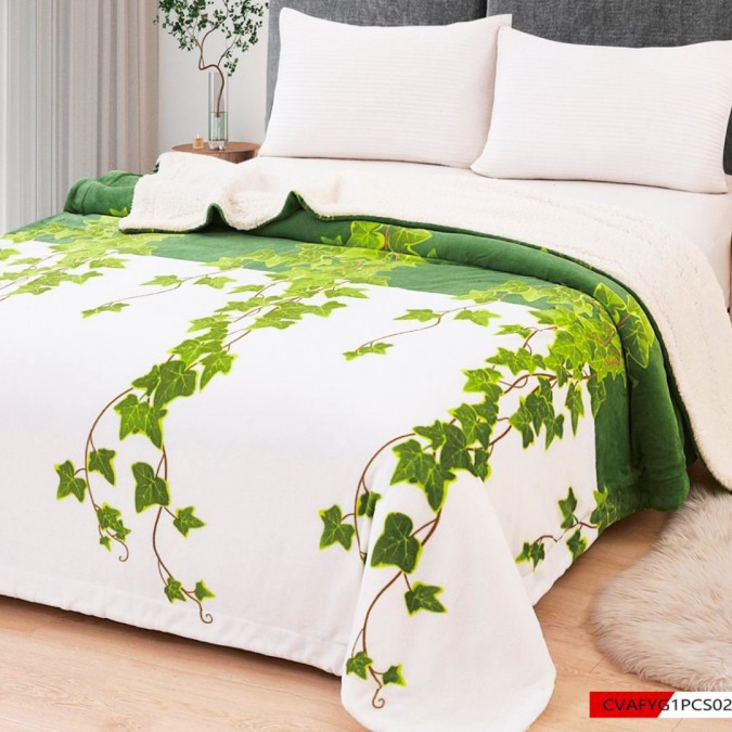 Pătură Luxoasă Cocolino din Microfibră Ultra-Moale  cu Blăniță Sherpa  200x230 cm - Confort Maxim și Design Elegant pentru Nopți Perfecte  Alb  Verde  Frunze