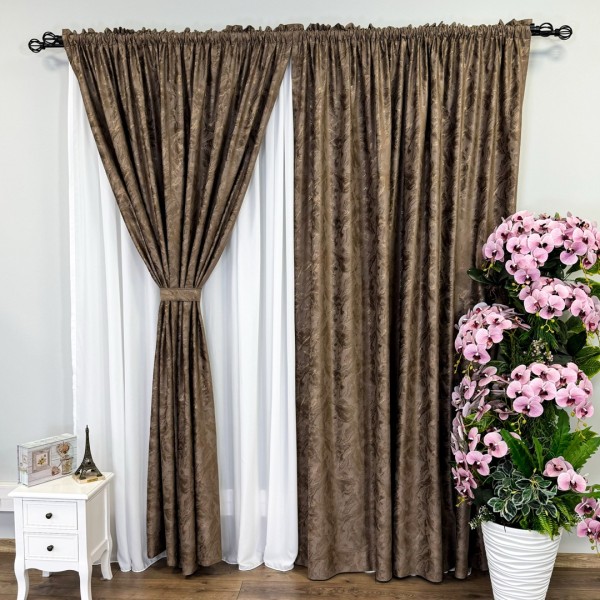 Set 2 bucati Draperie Catifea MYKONOS cu valuri rafinate aurii, Maro - V44, 200cm latine x 2.5m inaltime, cu tiv lat [1]