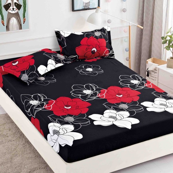 Cearsaf cu elastic, Bumbac FINET, 160/180x200cm, 2 fete de perne 50x70cm, Jojo Home, Negru-Rosu, flori [1]
