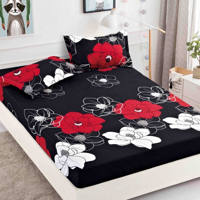 Cearsaf cu elastic, Bumbac FINET, 160/180x200cm, 2 fete de perne 50x70cm, Jojo Home, Negru-Rosu, flori