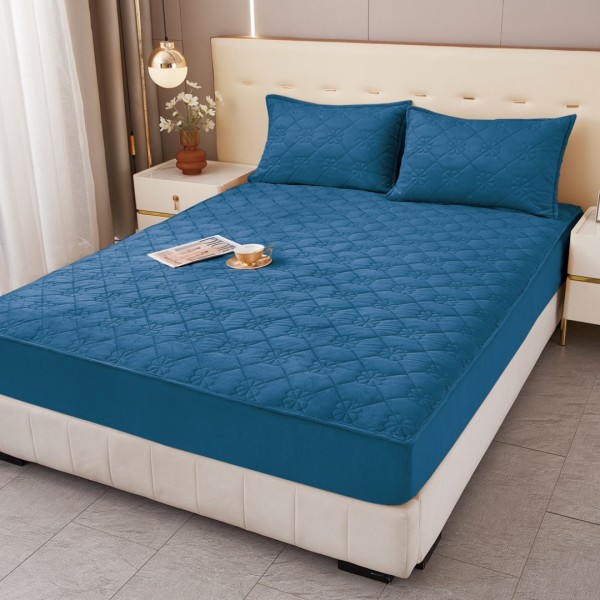 Husă Matlasată Tip Topper din Catifea 180x200cm, cu 2 Fețe de Pernă 50x70cm -  Somn Odihnitor și Susținere pentru Spate, Albastru [1]