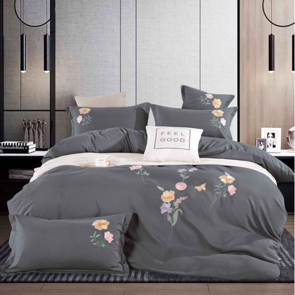 Lenjerie de Pat Dublu cu Elastic, Bumbac Satinat Deluxe, 4 Piese, Gri - Moale, Rezistentă, Ușor de Întreținut [1]