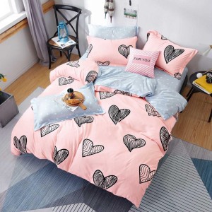 Lenjerie pat dublu (140x200cm, 160x200cm, 180x200cm), bumbac satinat, cearsaf clasic, 4 piese,  Roz, inimioare Lenjerie pat dublu (140x200cm, 160x200cm, 180x200cm), bumbac satinat, cearsaf clasic, 4 piese,  Roz, inimioare