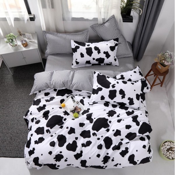 Lenjerie pat dublu (140x200cm, 160x200cm, 180x200cm), bumbac satinat, cearsaf clasic, 4 piese,  Alb-Negru, animal print [1]