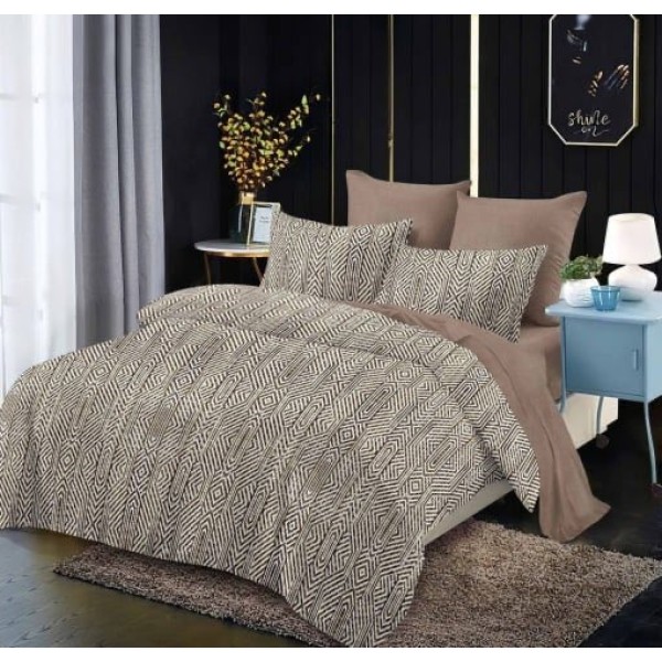 Lenjerie pat dublu,  FINET, cu elastic, 6 piese, Alb, Bej, Abstract [1]