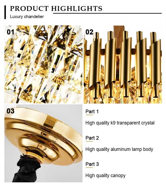 Candelabru RFAN, Model S89001/300, Textura Cristal, Metal, 3 X E27, Auriu