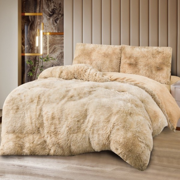 Lenjerie Cocolino Fluffy Super Pufoasă, Set 4 Piese, Pat Dublu, Cearșaf cu elastic – Căldură și Confort Premium, Ideală pentru Nopți Friguroase, Bej deschis degrade [1]