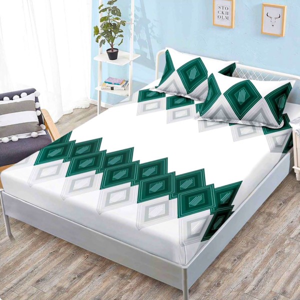 Cearsaf cu elastic, FINET, 160x200cm, 2 fete de perne 50x70cm, Alb, Verde, Forme Geometrice – confort si eleganta pentru patul tau [1]