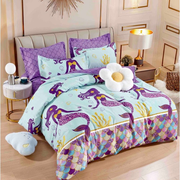 Lenjerie pat dublu,  FINET, 6 piese, cu ELASTIC, Jojo Home, Mov, sirene [1]