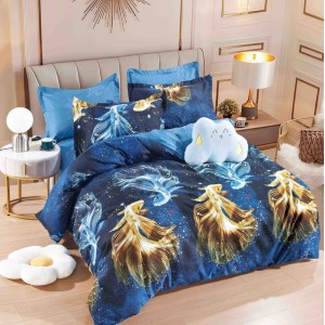 Lenjerie pat dublu, FINET, 6 piese, cu ELASTIC, Jojo Home, Albastru, pesti Lenjerie pat dublu, FINET, 6 piese, cu ELASTIC, Jojo Home, Albastru, pesti