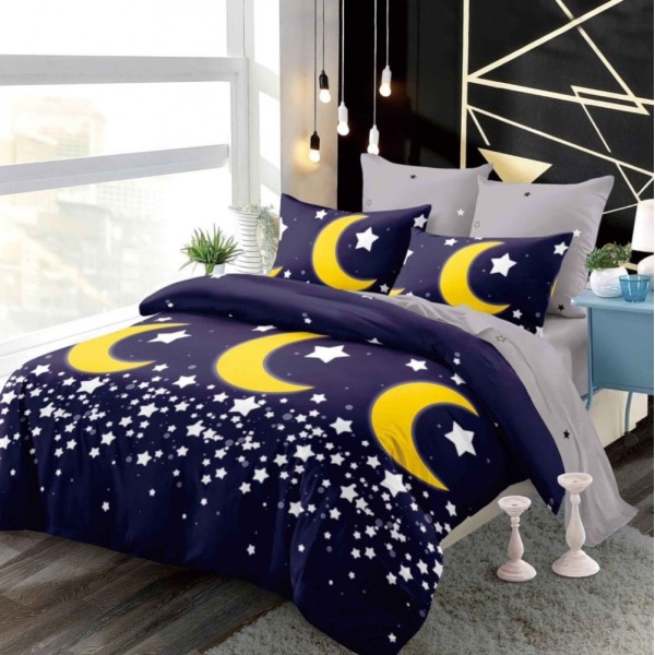 Lenjerie pat dublu,  FINET, cu elastic, 6 piese, Bleumarin, Stele si Luna [1]