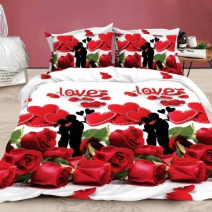 Lenjerie pat dublu (140x200cm, 160x200cm, 180x200cm), cearsaf clasic, imprimeu 3D, Rosu, indragostiti, trandafiri