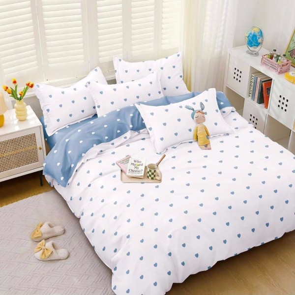 Lenjerie pat dublu (140x200cm, 160x200cm, 180x200cm), bumbac satinat, cearsaf clasic, 4 piese,  Alb-Bleu, inimioare [1]