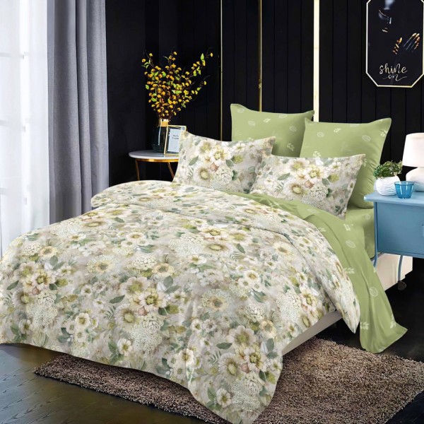 Lenjerie Pat Dublu,  FINET, 6 piese, Verde, Gri, Flori [1]