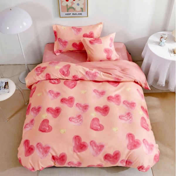 Lenjerie pat 140x200cm,  FINET, 4 piese, cu ELASTIC, Roz, inimioare [1]