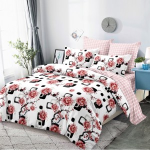 Lenjerie Pat Dublu, FINET, 6 piese, Alb, Roz, Negru, Flori, Patratele Lenjerie Pat Dublu, FINET, 6 piese, Alb, Roz, Negru, Flori, Patratele