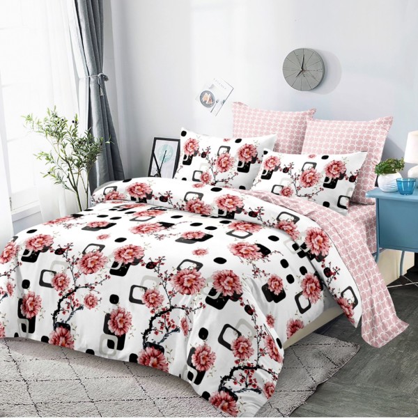 Lenjerie Pat Dublu,  FINET, 6 piese, Alb, Roz, Negru, Flori, Patratele [1]