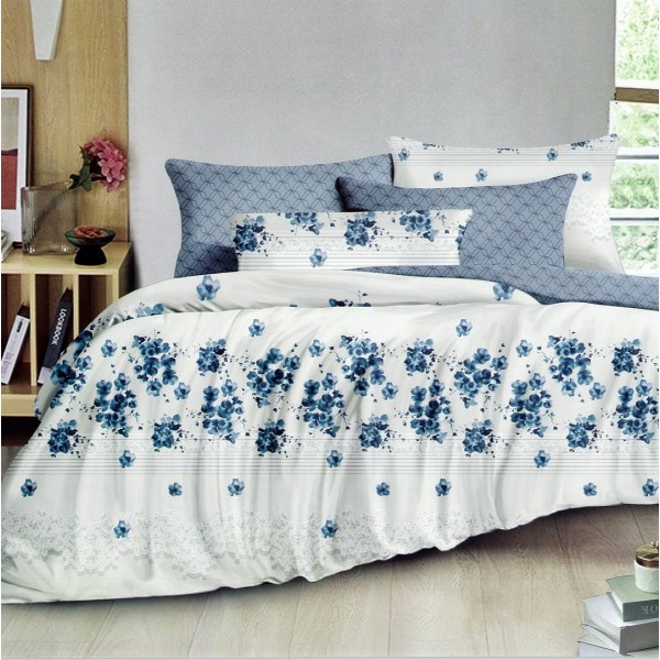 Lenjerie pat dublu,  FINET, 6 piese, Albastru, floricele [1]