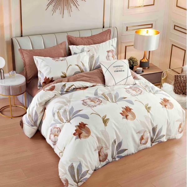 Lenjerie pat dublu,  FINET, 6 piese, cu ELASTIC, Jojo Home, Bej, flori [1]