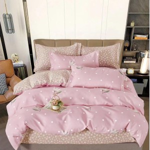 Lenjerie pat dublu (140x200cm, 160x200cm, 180x200cm),  FINET, 6 piese, Roz, flori, buline