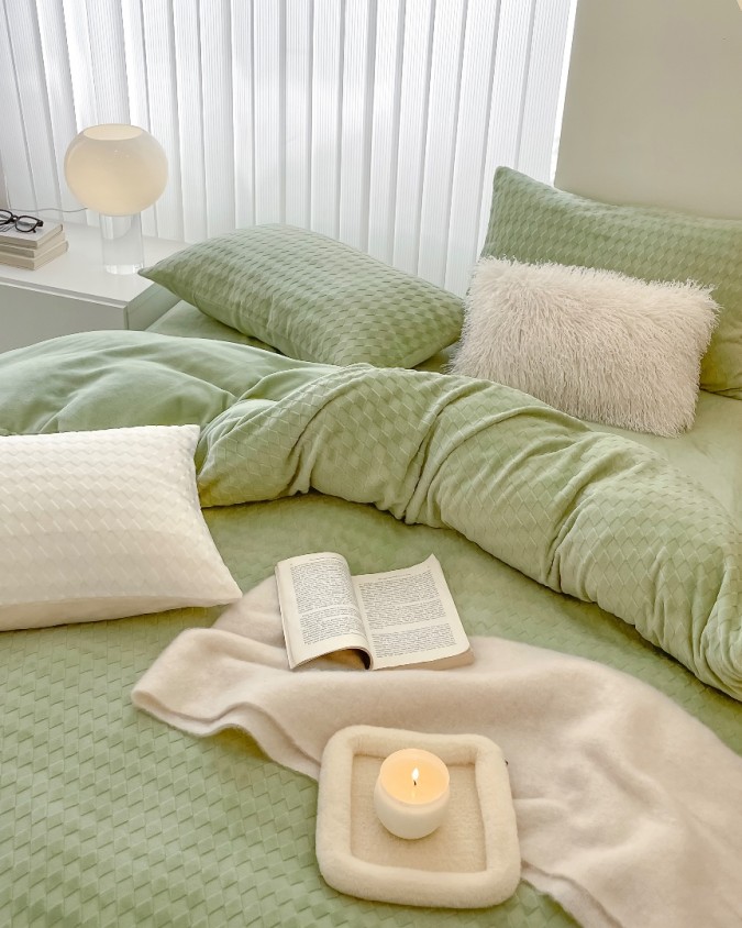 Lenjerie pentru pat dublu, Extra Catifelată, Catifea Polar, 4 piese, romburi, verde