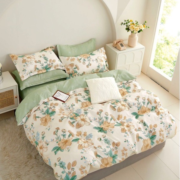 Lenjerie pat dublu (140x200cm, 160x200cm, 180x200cm),  FINET, 6 piese, Verde, flori [1]