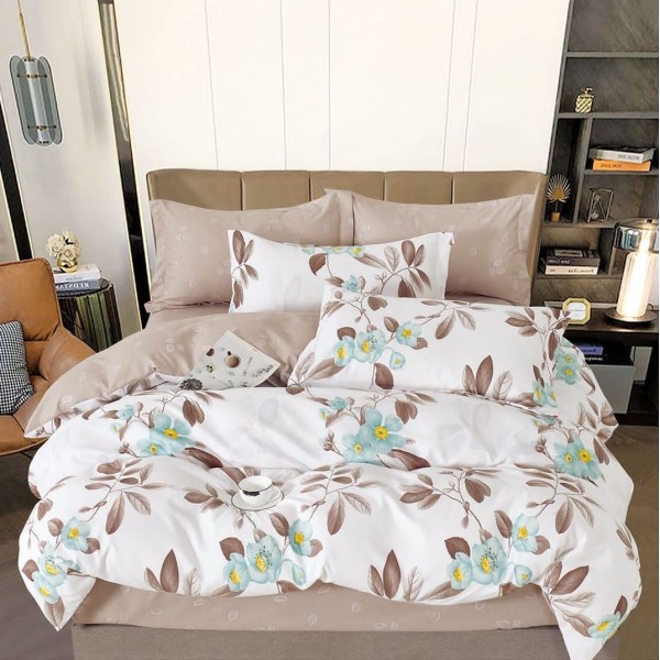 Lenjerie pat dublu (140x200cm, 160x200cm, 180x200cm),  FINET, 6 piese, Bej inchis, flori [1]