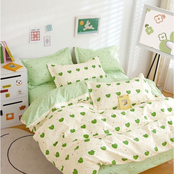 Lenjerie pat dublu (140x200cm, 160x200cm, 180x200cm),  FINET, 6 piese, Verde, inimioare [1]