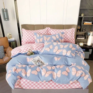 Lenjerie pat dublu, Finet, 6 piese, Roz, fluturi