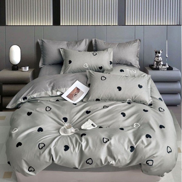 Lenjerie pat dublu (140x200cm, 160x200cm, 180x200cm),  FINET, 6 piese, Gri, inimioare [1]