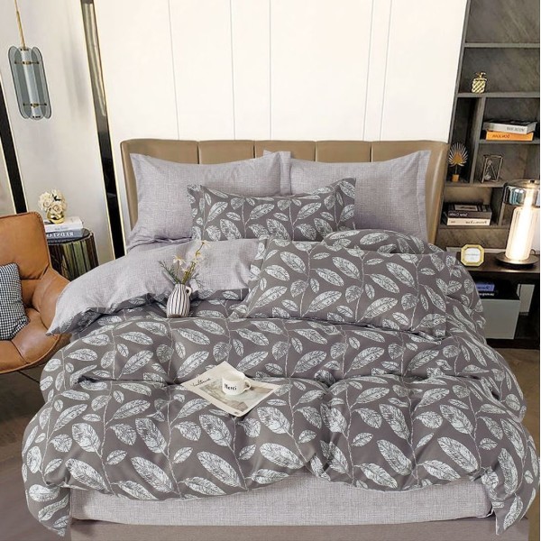 Lenjerie pat dublu (140x200cm, 160x200cm, 180x200cm),  FINET, 6 piese, Gri, frunze [1]
