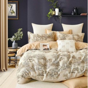 Lenjerie pat dublu (140x200cm, 160x200cm, 180x200cm),  FINET, 6 piese, Bej, flori, copaci