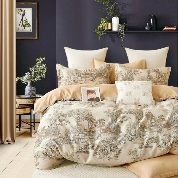 Lenjerie pat dublu (140x200cm, 160x200cm, 180x200cm),  FINET, 6 piese, Bej, flori, copaci [1]