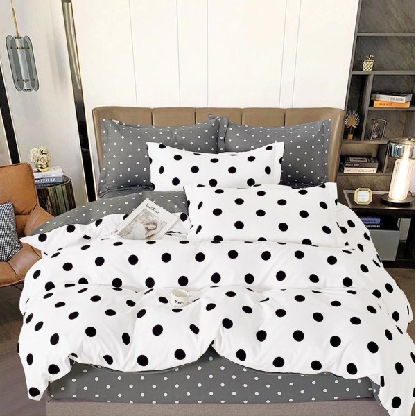 Lenjerie pat dublu (140x200cm, 160x200cm, 180x200cm),  FINET, 6 piese, Alb-Negru, buline [1]