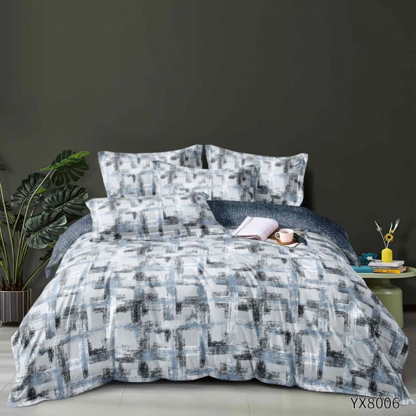 Lenjerie pat 140x200cm,  FINET, cu elastic, 4 piese, Bleu, Gri, Model Clasic [1]