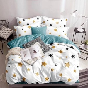 Lenjerie pat dublu (140x200cm, 160x200cm, 180x200cm), bumbac satinat, cearsaf clasic, 4 piese,  Alb, stelute Lenjerie pat dublu (140x200cm, 160x200cm, 180x200cm), bumbac satinat, cearsaf clasic, 4 piese,  Alb, stelute