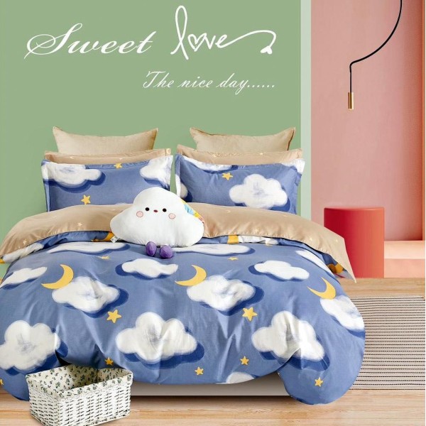 Lenjerie pat dublu (140x200cm, 160x200cm, 180x200cm),  FINET, 6 piese, Albastru, stelute, norisori [1]