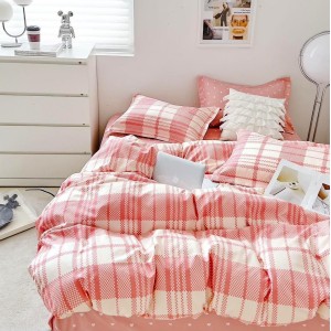 Lenjerie pat dublu, Finet, 6 piese, Roz, carouri