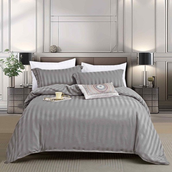 Lenjerie de Pat 140x200cm, HoReCa, 4 Piese din Damasc Finetat - Lux, Confort si intretinere Usoara, Fara Calcare, Gri deschis [1]