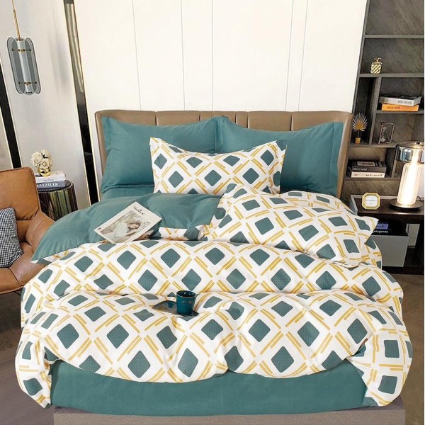 Lenjerie pat dublu (140x200cm, 160x200cm, 180x200cm),  FINET, 6 piese, Verde, romburi [1]