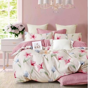 Lenjerie pat dublu, Finet, 6 piese, Crem-Roz, flori