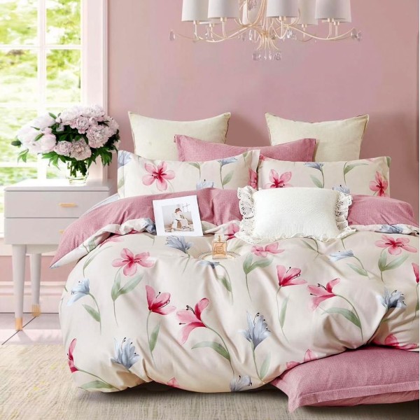 Lenjerie pat dublu (140x200cm, 160x200cm, 180x200cm),  FINET, 6 piese, Crem-Roz, flori [1]