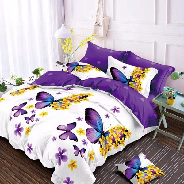 Lenjerie pat dublu (140x200cm, 160x200cm, 180x200cm), bumbac satinat, cearsaf clasic, 4 piese,  Mov, fluturasi [1]
