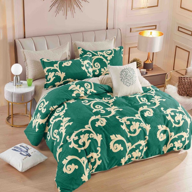 Lenjerie pat dublu BUMBAC FINET 6 piese cu ELASTIC Jojo Home Verde model oriental