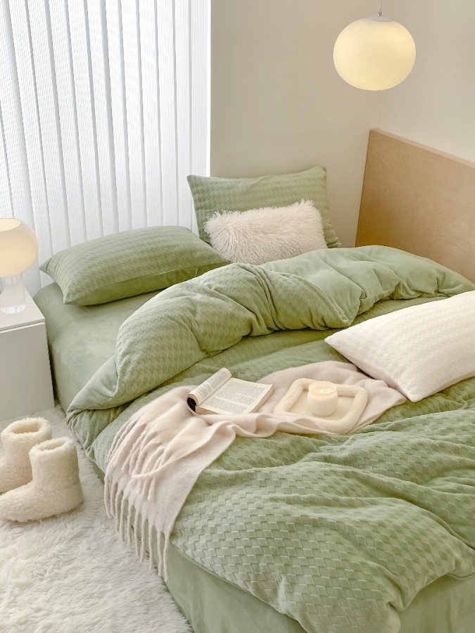 Lenjerie pentru pat dublu, Extra Catifelată, Catifea Polar, 4 piese, romburi, verde