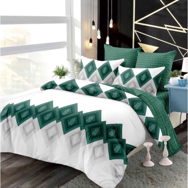 Lenjerie pat dublu,  FINET, cu elastic, 6 piese, Alb, Verde, forme geometrice [1]