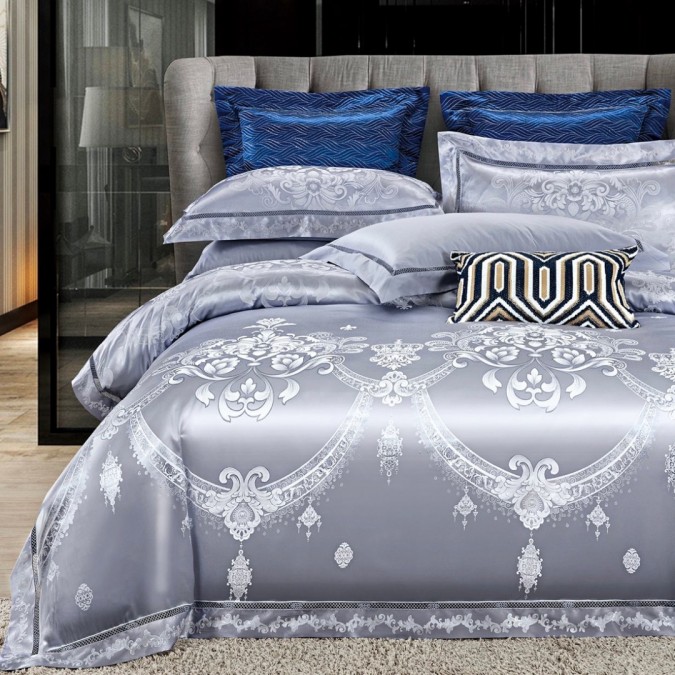 Lenjerie de Pat Dublu  Jacquard Premium Satinat  Set 6 Piese  Calitate Superioară  Luciu Elegant și Confort Desăvârșit  Gri albăstrui