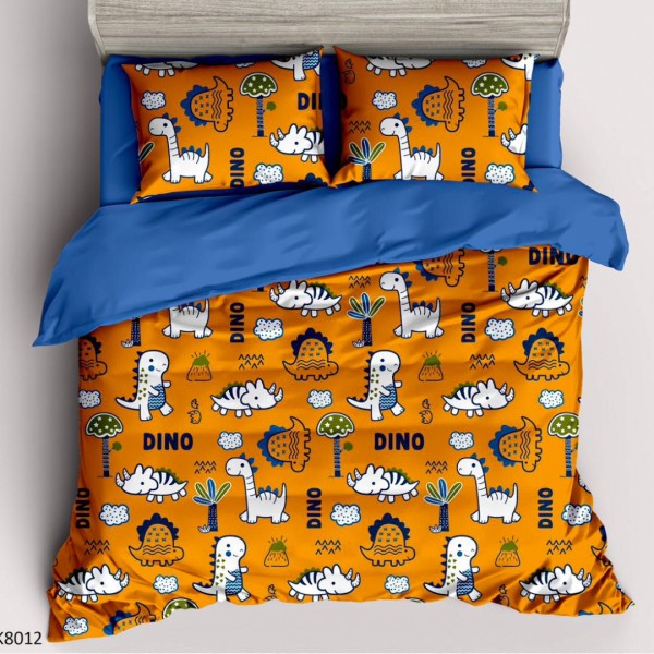 Lenjerie pat Single, BUMBAC 100% Percal, cu 2 Fețe, 4 piese, Portocaliu, Albastru, Dinozauri [1]